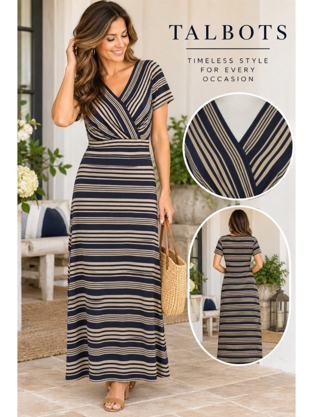 Talbots Womens Large Navy Tan Striped Maxi Dress Surplice Stretch Jersey